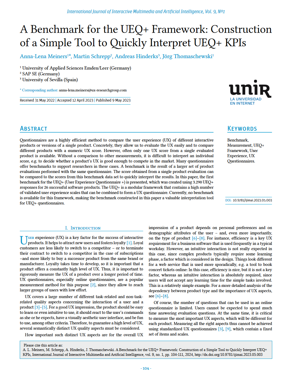 Artikel Benchmark UEQ+ Framework